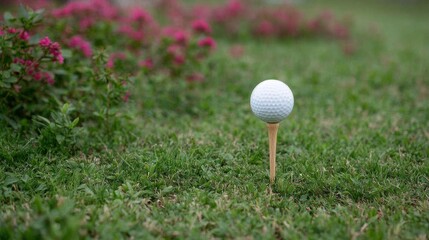 A golf ball rests on a wooden tee, surrounded by evenly trimmed grass in a well-maintained area, with colorful flowers nearby, ideal for golfing moments