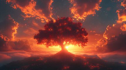 Fototapeta premium Silhouetted fantasy tree under dramatic glowing sunset clouds, HD realistic