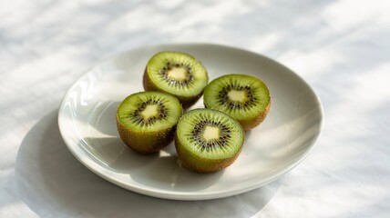 Four Halved Kiwis on a White Plate with Natural Lighting and Sha