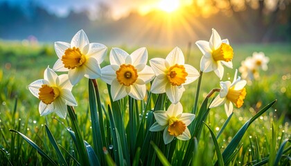 Obraz premium White and Yellow Daffodils in Dewy Green Grass at Sunrise