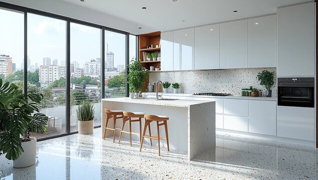 Modern kitchen with city view and wooden accents.