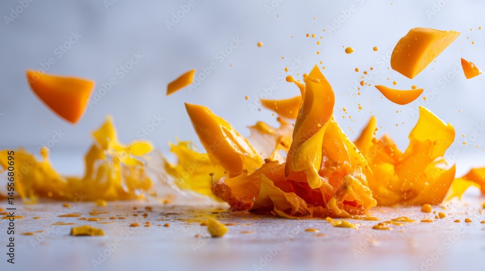 Poster colorful mango chunks explode into thick orange juice with droplets suspended mid-air, creating an e