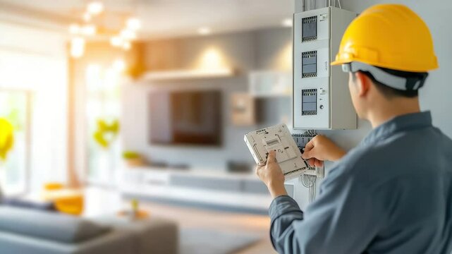 An electrician installs a control panel in a stylish living room for proper setup