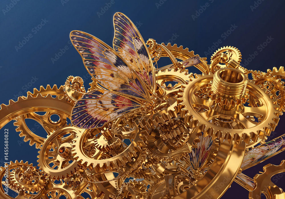 Poster abstract background with mechanisms and butterflies . generative ai