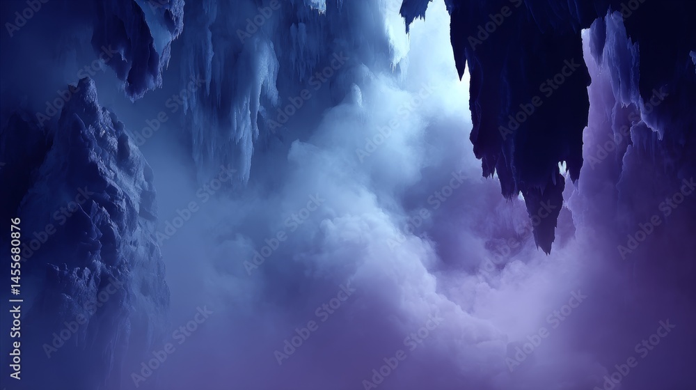 Aufkleber exploration of a stunning frozen crystal cavern filled with violet and blue luminescence, featuring 