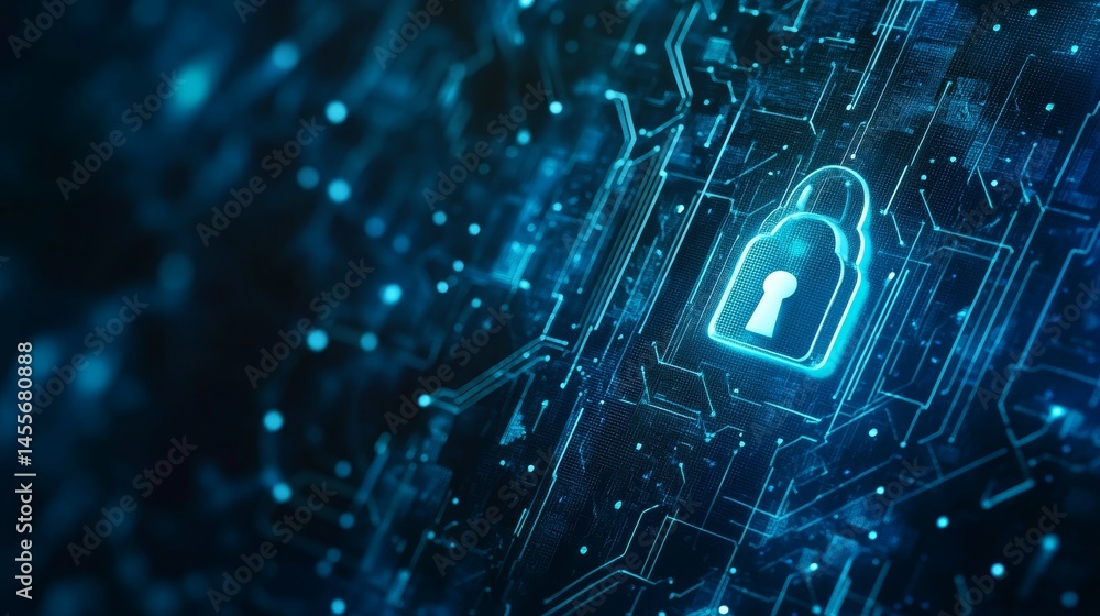 Poster digital security concept with a glowing padlock symbol on a circuit board background representing da