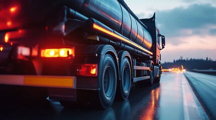 Modern Tanker Truck on Wet Asphalt Road at Dusk Close Up Detail View