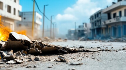 Fototapeta premium Urban devastation: A haunting image of a city street post-explosion, with debris scattered across the ground and the buildings in ruins. Emptiness, conflict.