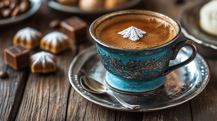A steaming cup of coffee sits beside rich pieces of chocolate on a cozy table, blending warmth, aroma, and indulgence in a perfect moment of comfort, flavor, and simple daily pleasure.

