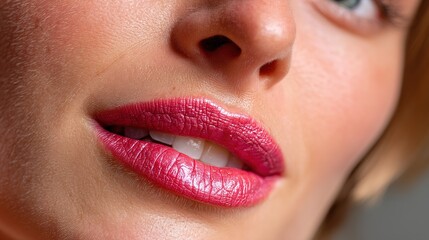 Naklejka premium Macro closeup of lips with matte lipstick beauty studio photography soft lighting eye-level texture focus