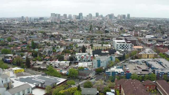Aerial view of urban Oakland California downtown, buildings, residence, homes 03