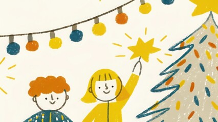 Naklejka premium Christmas illustration of kids decorating tree with star and string lights