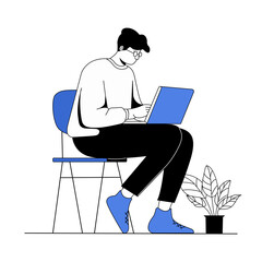 Man Laptop Computer Work Freelance Remote Office Desk Technology Workspace Typing Character Digital Modern Gadget Flat design, modern man working on laptop in cozy minimal setup with houseplant