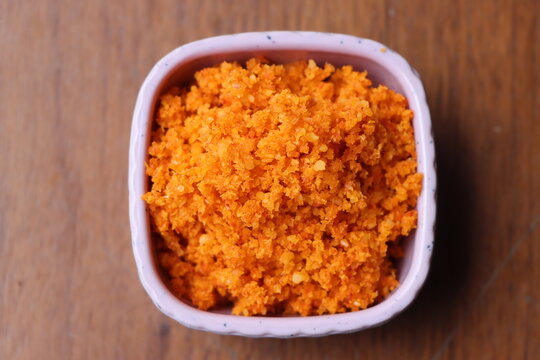 Dry garlic chutney made from red chilly and dry coconut, peanuts and sesame, Indian food, sesoning served with various dishes