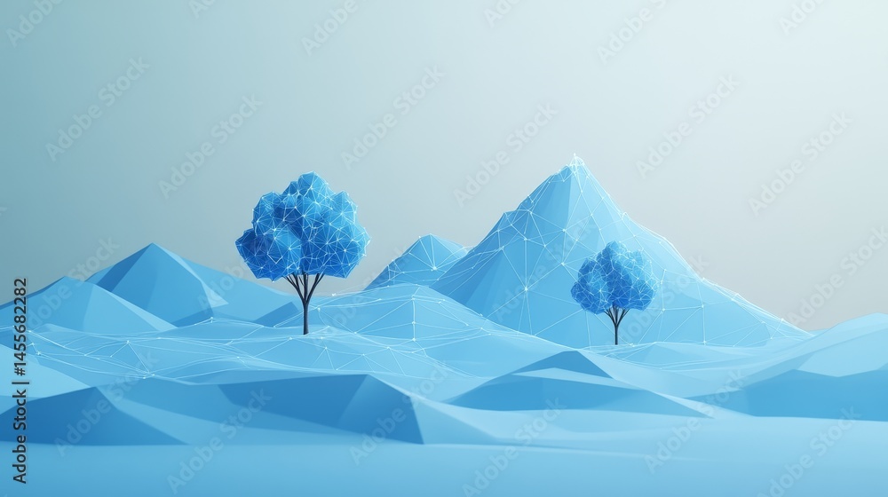 Poster digital forest landscape with interconnected blue trees and mountains showcasing a futuristic visual