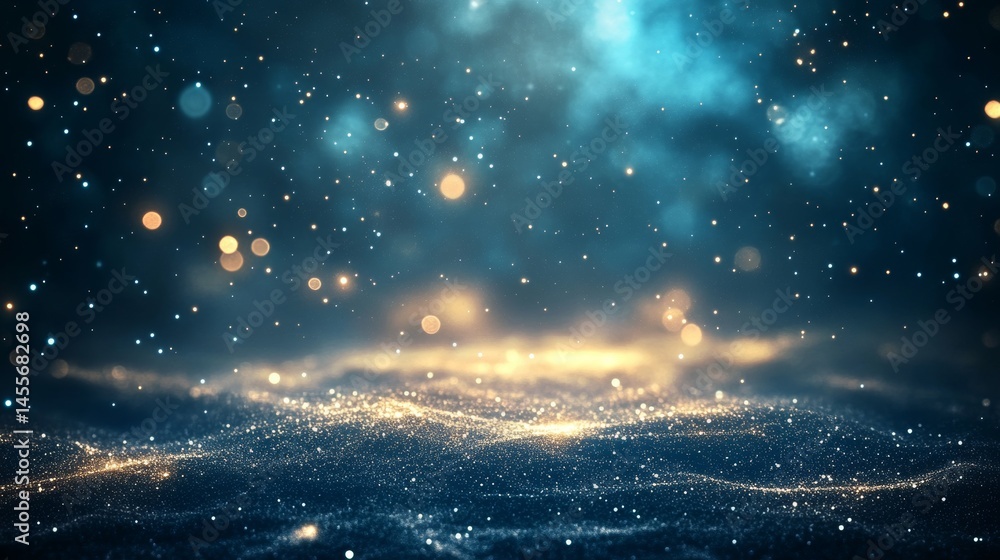 Poster cosmic background filled with bright glowing orbs and shimmering particles in a dark blue space sett