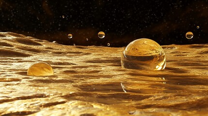 Golden Landscape with Water Spheres Reflecting the Universe's Beauty