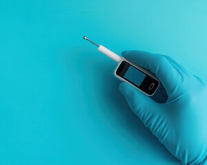 Healthcare Telehealth Access concept. A gloved hand holding a dental tool against a blue background.