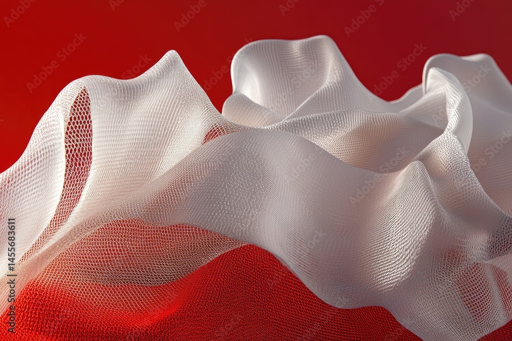 Poster abstract, flowing white fabric draped over a red background, displaying a textured, mesh-like appear