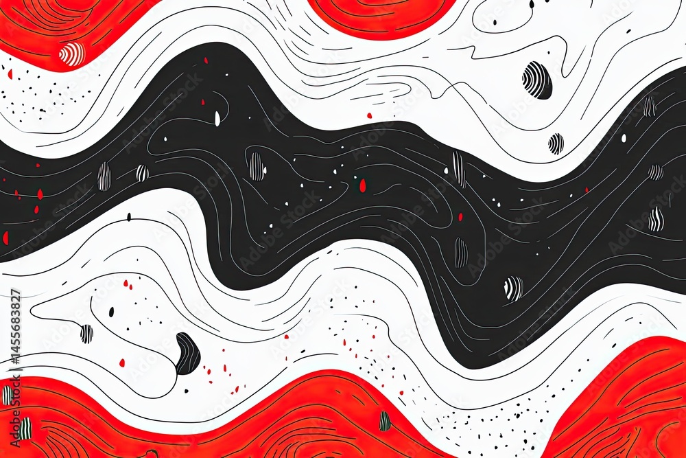 Poster abstract wavy design in black, white, and red, with scattered details. intricate patterns of flowing