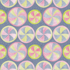 Kaleidoscope Seamless pattern with circles. Hand drawn watercolor painting geometric background. Colorful circles on textured paper gray background. Template for design, textile, wallpaper, carpet