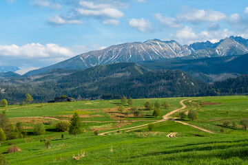 Spring landscape of the Tatra Mountains seen from Podhale.