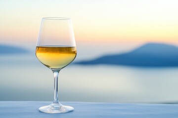 Elegant Wine Glass at Sunset Overlooking the Aegean Sea in Santorini Greece Vacation Travel