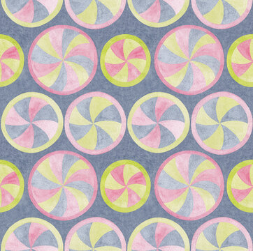 Fototapeta Kaleidoscope Seamless pattern with circles. Hand drawn watercolor painting geometric background. Colorful circles on textured paper gray background. Template for design, textile, wallpaper, carpet