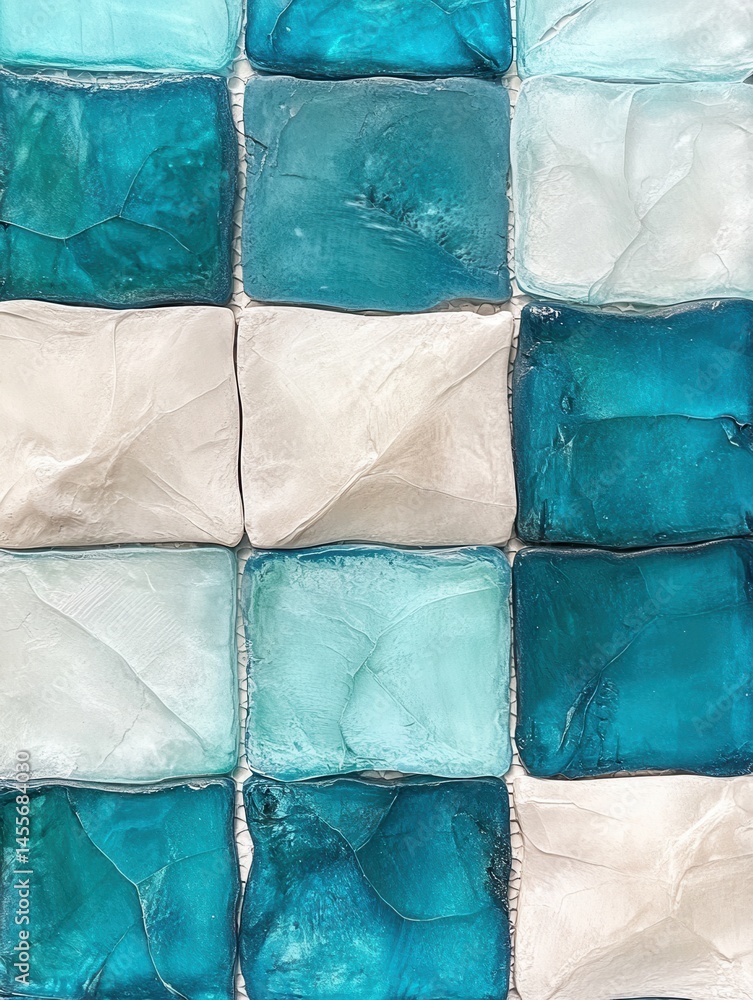 Poster abstract mosaic of turquoise and white squares with textured surface and subtle variations in color