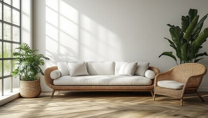 Fototapeta premium Modern, light-filled living room interior scene.