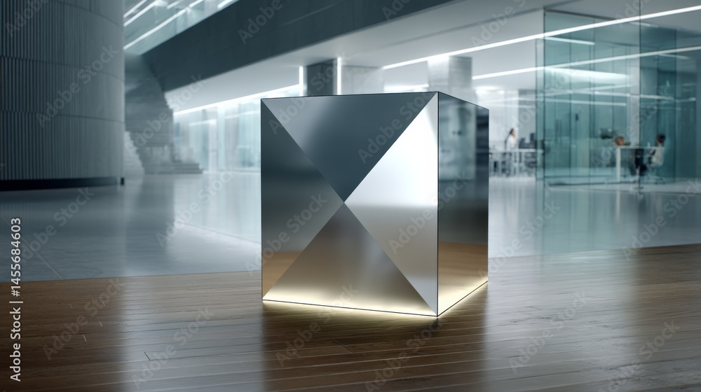 Poster A symmetrical mirrored cube rests on a polished wooden floor, capturing the dim office lighting in a sleek workspace with ample copy space to the left
