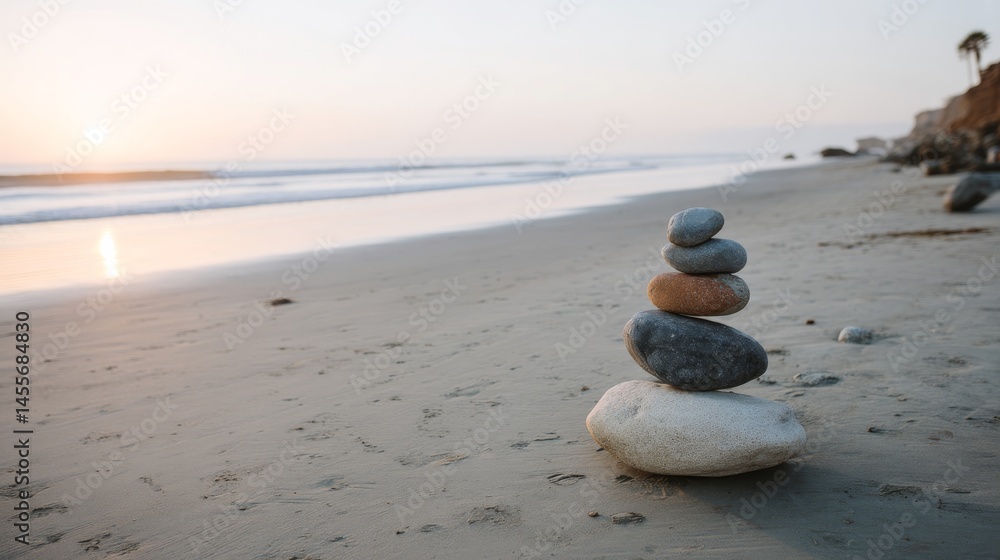 Leinwandbilder smooth rocks are meticulously stacked by the shore, creating a calming focal point against the backd