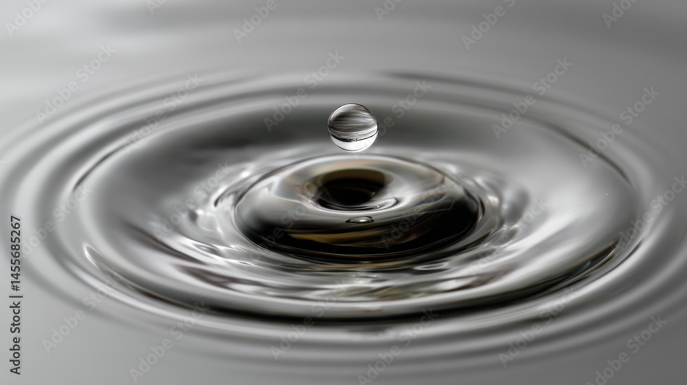 Fototapete a single water droplet impacts a still water surface, generating expanding ripples that create visua