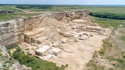 Aerial view of a quarry White cliff face, stone blocks, and surrounding landscape