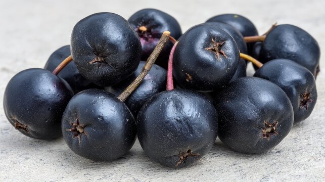 Clusters of deep black crowberries display a natural sheen, resting on a soft muted background. The arrangement offers enough space for text on the left side