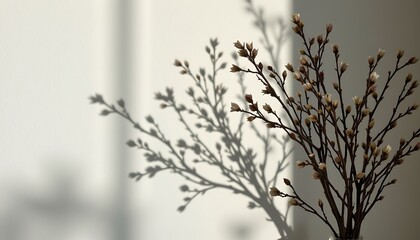 a minimalist background featuring the blurred shadows of branches arranged in a bouquet, cast by hard light