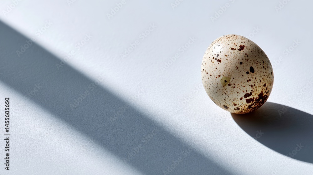 Aufkleber A quail egg rests on a smooth white surface, showcasing its speckled shell and soft shadows that create a sense of depth and simplicity in the composition