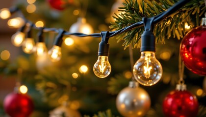 a festive close up of christmas lighting decorations, featuring led decorative light bulbs strung across a twinkling christmas tree