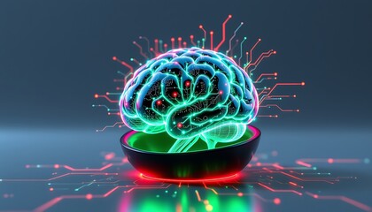 a futuristic 3d illustration of a glass brain emerging from a matte black shell, illuminated by glowing neon lights in green and red