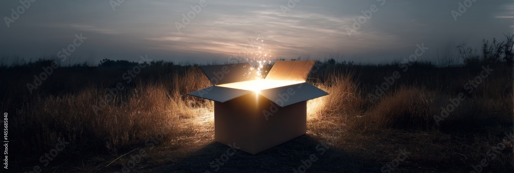 Poster Magical Light Emanates From an Open Cardboard Box in a Dusk Landscape Generative AI