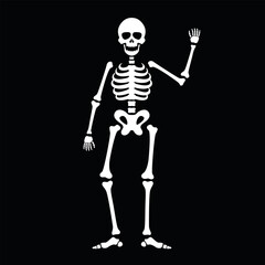 Fototapeta premium Funny skeleton waves cheerfully against a black background, perfect for Halloween decorations and themes