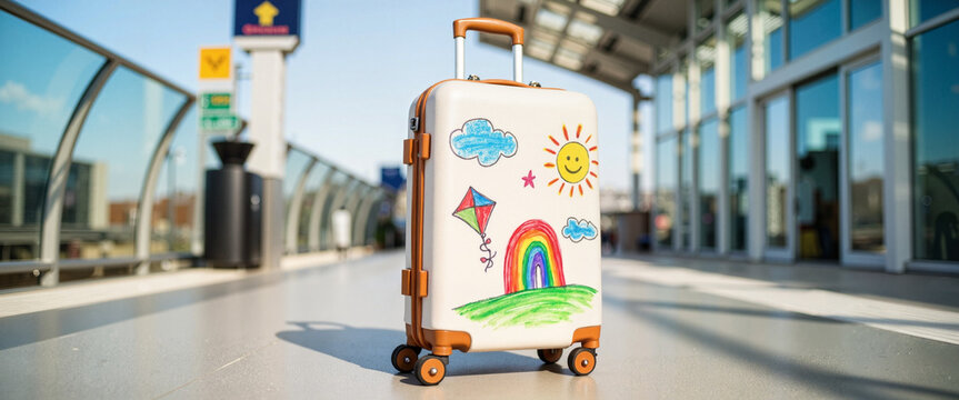Colorful suitcase with children's drawings at modern train station, creativity