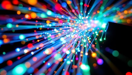 a stock photo of fiber optics, featuring glowing strands of light in vibrant blues, greens, and reds