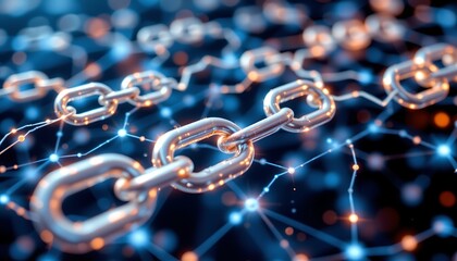 a stock photo illustrating a network of chain links and connections, symbolizing cryptocurrency and digital technology