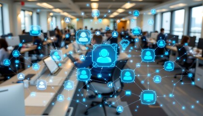 a double exposure stock photo combining a social network theme drawing with an office interior background, illustrating web connectivity