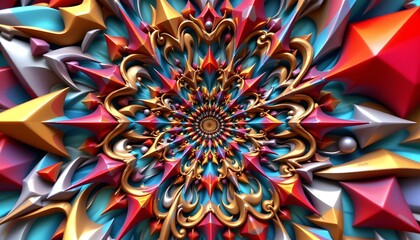 an abstract fractal composition generated by computer, featuring a complex array of geometrical shapes