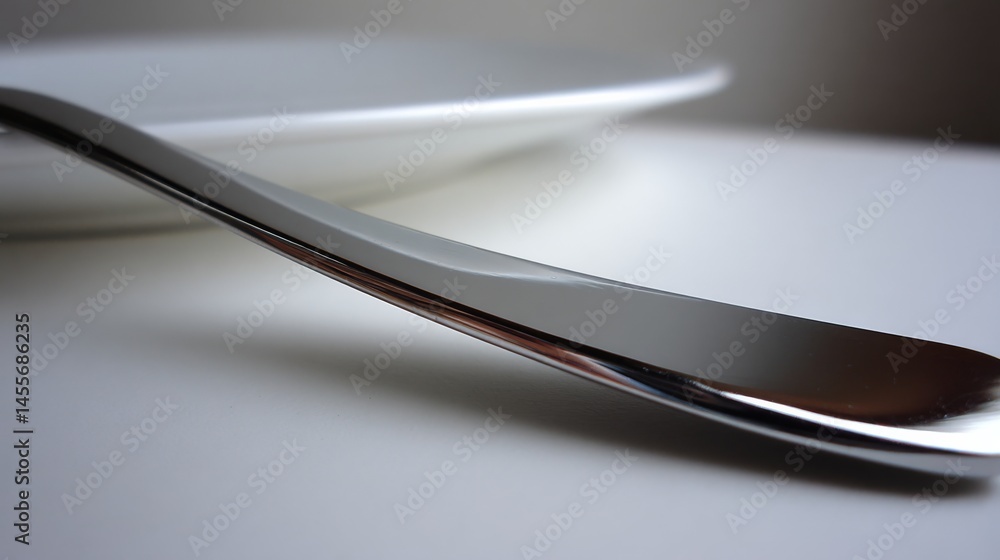 Poster A shiny stainless steel fork rests elegantly on a smooth ivory surface, showcasing its curved handle while reflecting soft light, perfect for minimalist aesthetics
