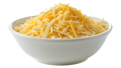 Shredded cheese in white bowl, ready for topping dishes, isolated on transparency background. cheese is mix of yellow and white varieties, perfect for cooking or garnishing