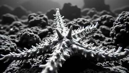 a black and white abstract close up of a crown of thorns seastar (starfish) underwater in hawaii