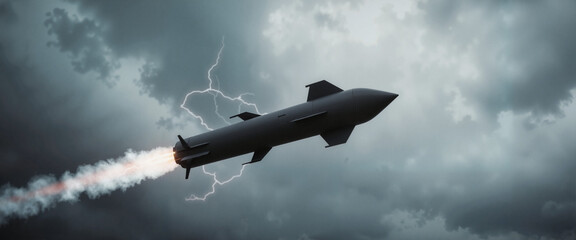 Dark missile soaring through stormy skies, tension and urgency